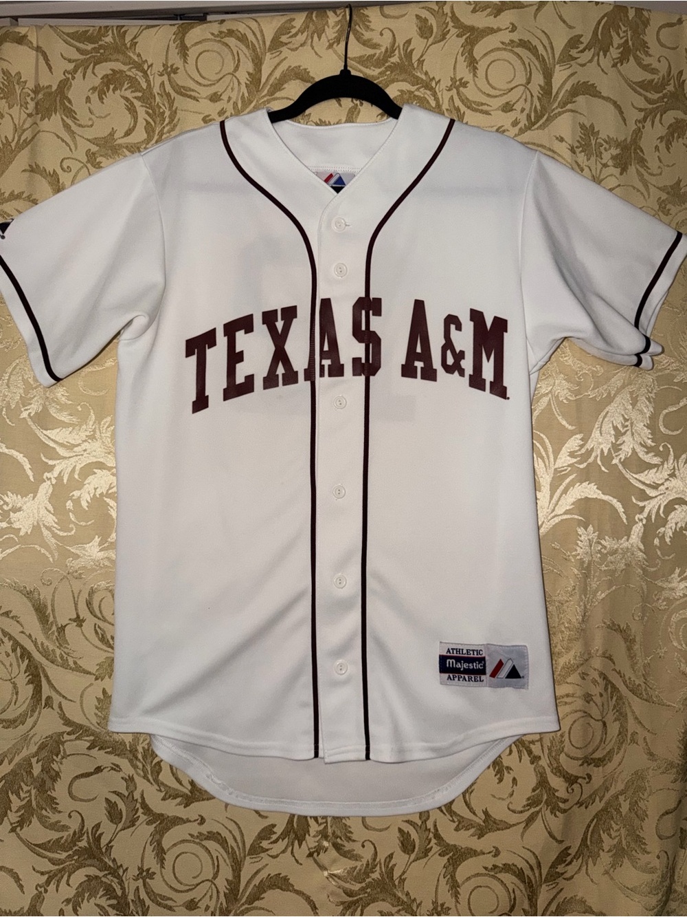 Majestic White Baseball Jersey with Navy and Red Patch